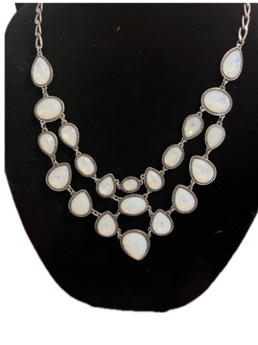 Nicole Miller Silver Multi-Row White Opalescent Teardrop Statement Necklace